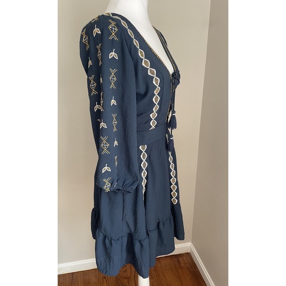 Dress Forum M Navy Embroidered Corset Tie Front Short Boho Hippie Alpine Oktober - Picture 5 of 16